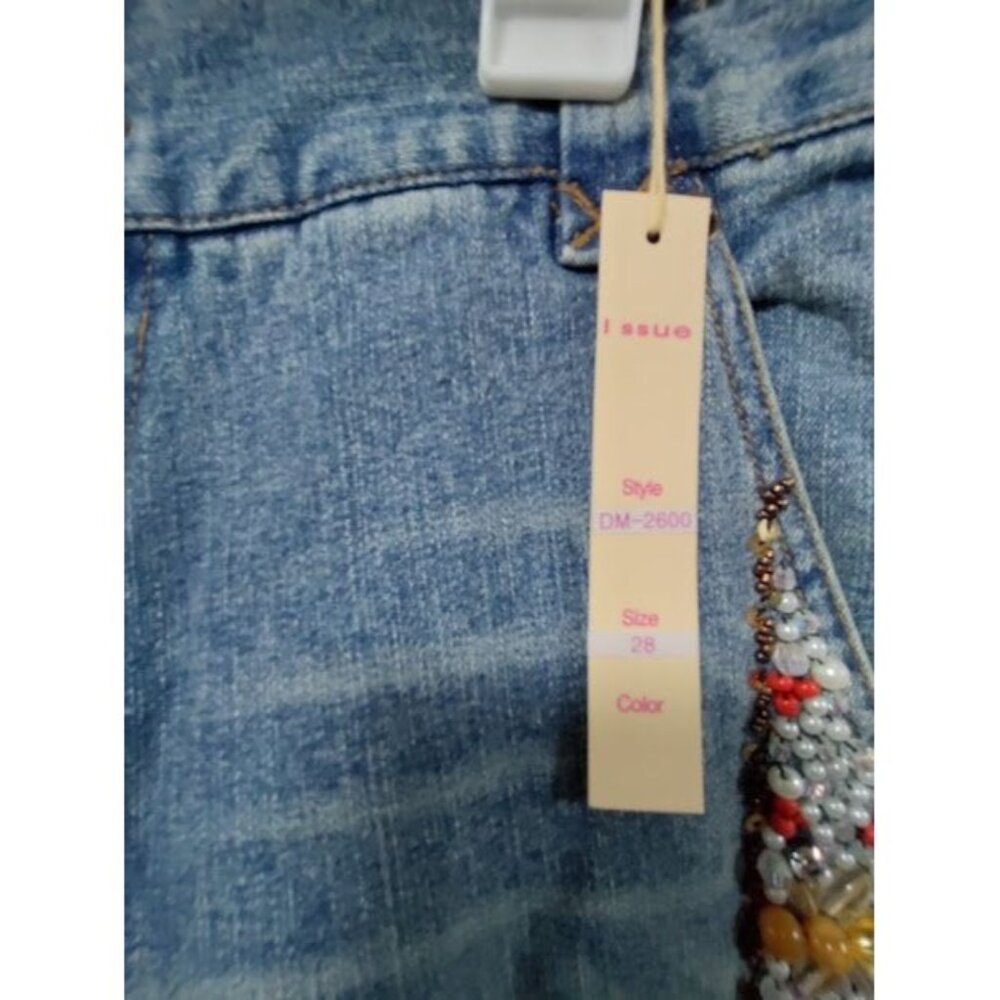 NWT Issue Pants Blue Denim Embroidered Beads Leg Straight Zip Fly Jeans Size 28 - Picture 5 of 16